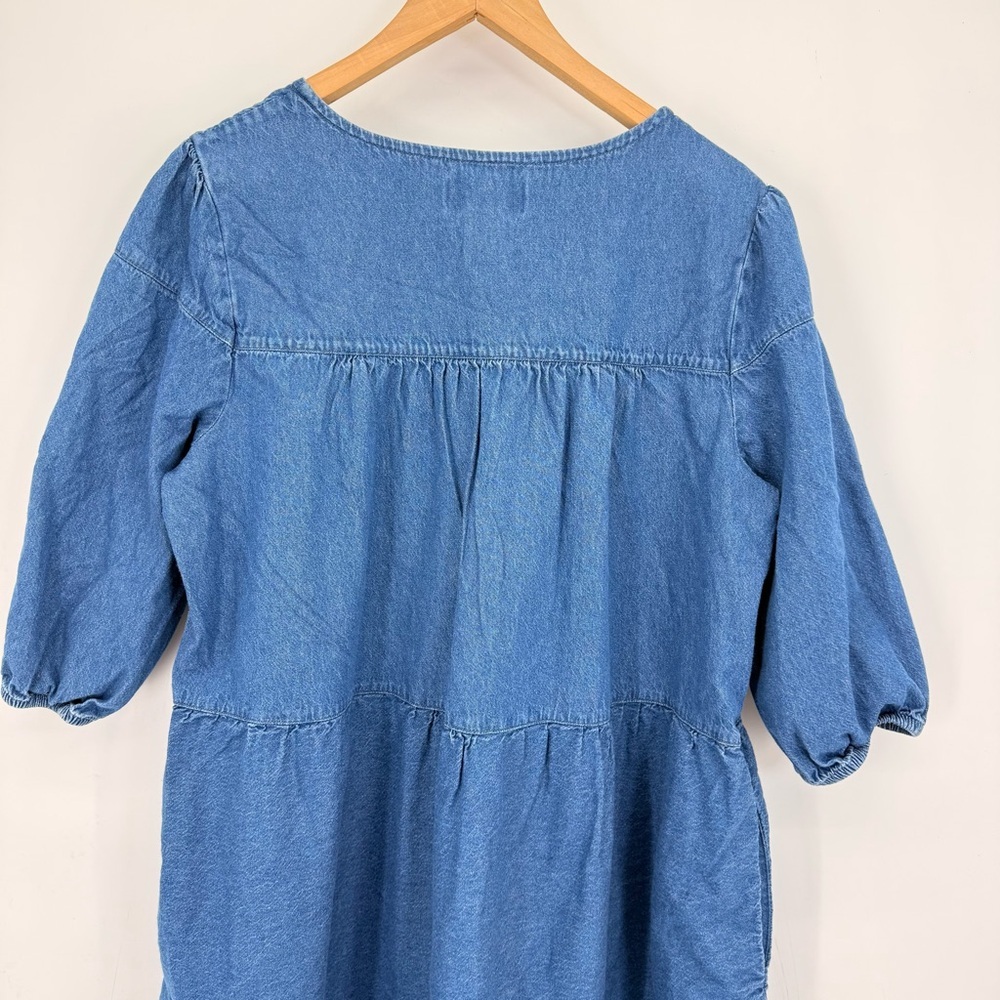 The Vermont Country Store Denim Tiered Midi Muumuu‎ Dress Pockets L Prairie Boho - Picture 6 of 13